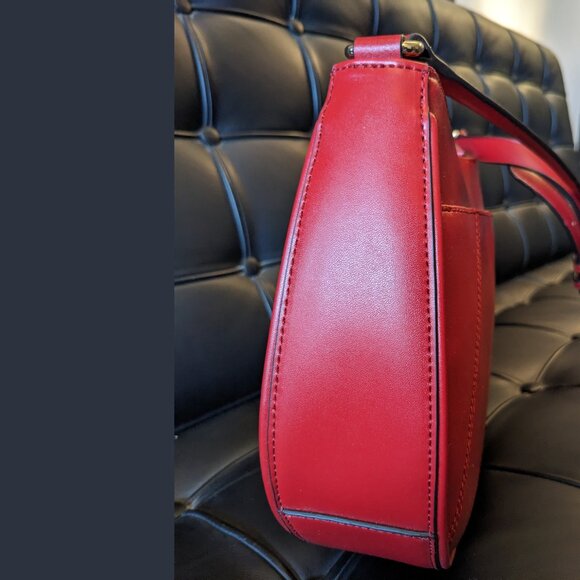 NEW Calvin Klein Red Leather Crossbody Bag Gold Logo | 50″ Strap - Picture 4 of 8